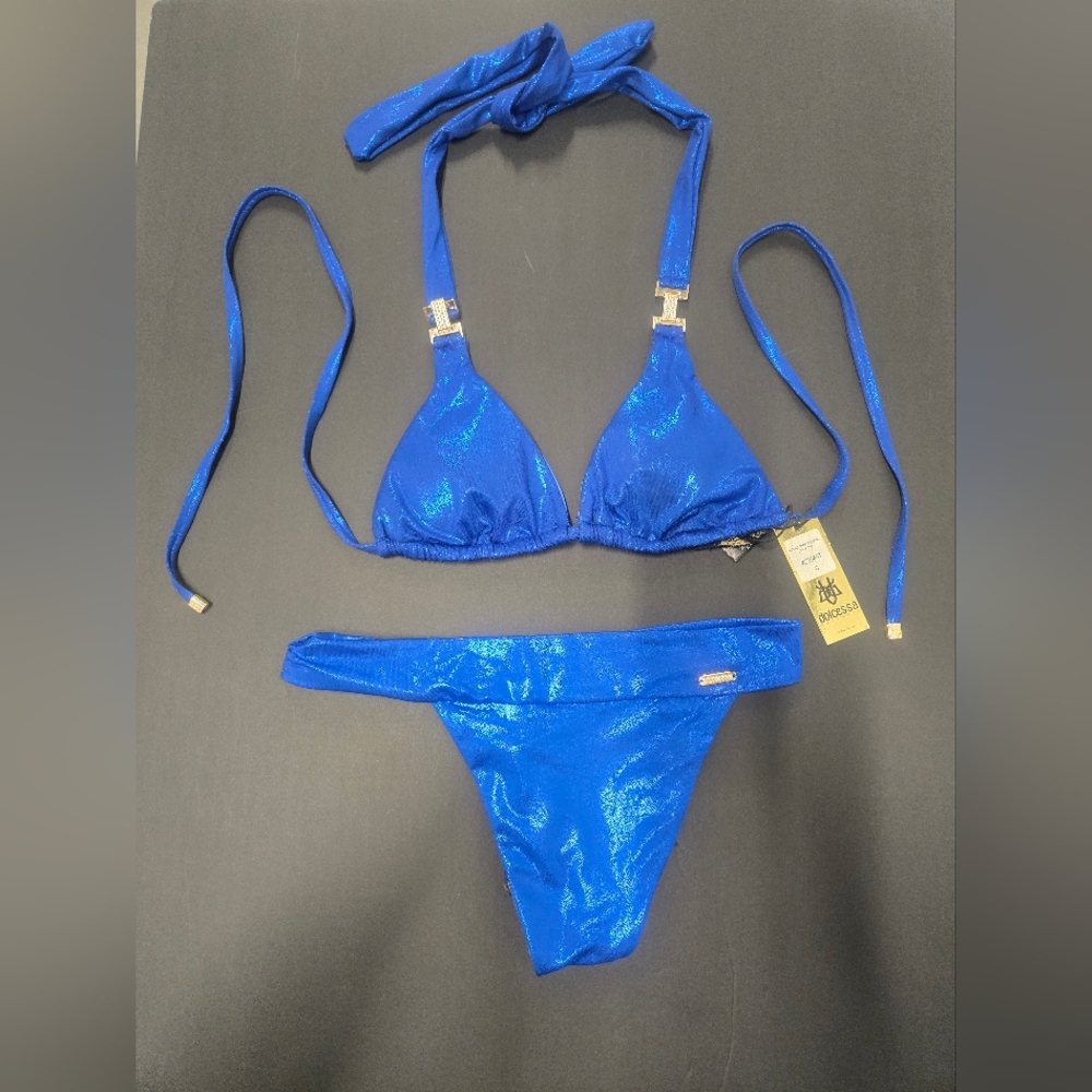 NWT Dolcessa Cobalt Shine Rhinestone Embelished 2‎ PIECE SWIMSUIT SZ SMALL